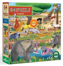 A colorful jigsaw puzzle box featuring a vibrant savanna scene with various animals, including a lion, giraffe, elephant, and zebra. The puzzle contains 64 pieces and is suitable for ages 5 and up. It emphasizes eco-friendly materials with a 'recycled' label.