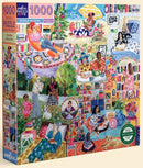 Eeboo's Women Reading jigsaw puzzle featuring a colorful illustration of women engaged in reading activities in various serene settings. The design showcases vibrant scenes with diverse women, books, plants, and outdoor environments, perfect for book lovers and puzzle enthusiasts alike.