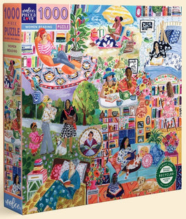 Eeboo's Women Reading jigsaw puzzle featuring a colorful illustration of women engaged in reading activities in various serene settings. The design showcases vibrant scenes with diverse women, books, plants, and outdoor environments, perfect for book lovers and puzzle enthusiasts alike.
