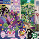A colorful jigsaw puzzle titled 'Lavender Kitchen' by Eeboo. The image features a vibrant kitchen scene with a table adorned with purple and green flowers, a patterned teacup, and various colorful kitchen items. In the background, there are scenic views of a garden and a quaint village with a man and a rabbit depicted, showcasing rich colors and intricate details. This 1000-piece puzzle is designed for puzzle enthusiasts of all ages, perfect for family activity or personal relaxation.