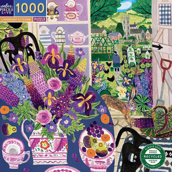 A colorful jigsaw puzzle titled 'Lavender Kitchen' by Eeboo. The image features a vibrant kitchen scene with a table adorned with purple and green flowers, a patterned teacup, and various colorful kitchen items. In the background, there are scenic views of a garden and a quaint village with a man and a rabbit depicted, showcasing rich colors and intricate details. This 1000-piece puzzle is designed for puzzle enthusiasts of all ages, perfect for family activity or personal relaxation.