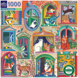 A colorful jigsaw puzzle titled 'Cats in Windows' by Eeboo, featuring vibrant illustrations of cats in various windows, surrounded by plants and decorations. This 1000-piece puzzle showcases playful feline characters in a charming urban setting, perfect for cat lovers and puzzle enthusiasts alike.