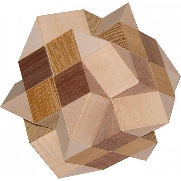 Trick Box by VINCO, a colorful mechanical puzzle with interlocking wooden pieces. The puzzle features various shades and textures of wood, designed to challenge users' problem-solving skills and hand-eye coordination.