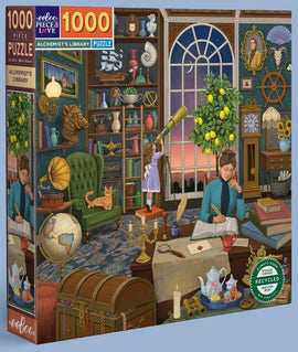 The Alchemist's Library jigsaw puzzle by Eeboo features a richly detailed illustration of an alchemist's study, showcasing a diverse collection of books, globes, telescopes, and other scientific instruments. A child looks through a telescope while a thoughtful alchemist writes at a cluttered desk. The surroundings include a cozy green chair, a cat lounging nearby, and various decorative items, all set against a backdrop of a large window revealing a twilight sky.