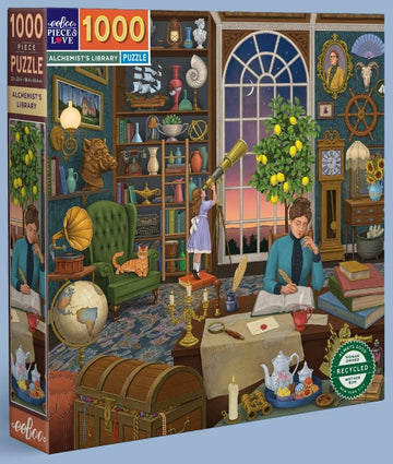 The Alchemist's Library jigsaw puzzle by Eeboo features a richly detailed illustration of an alchemist's study, showcasing a diverse collection of books, globes, telescopes, and other scientific instruments. A child looks through a telescope while a thoughtful alchemist writes at a cluttered desk. The surroundings include a cozy green chair, a cat lounging nearby, and various decorative items, all set against a backdrop of a large window revealing a twilight sky.