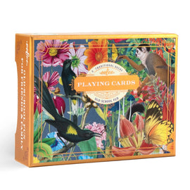 Garden of Eden Playing Cards by Eeboo, featuring vibrant illustrations of various birds and flowers on the box. Perfect for family game nights and gatherings.