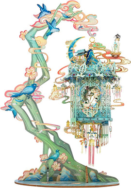 The Lucky Magpie Palace by Mu Model is an elaborate DIY kit resembling a delicate palace structure. It features intricately designed elements like birds, swirling clouds, and flowing vines, all in vibrant colors, creating a whimsical environment perfect for display. The kit showcases a combination of art and construction, inviting creativity and engagement in building a uniquely stunning piece.