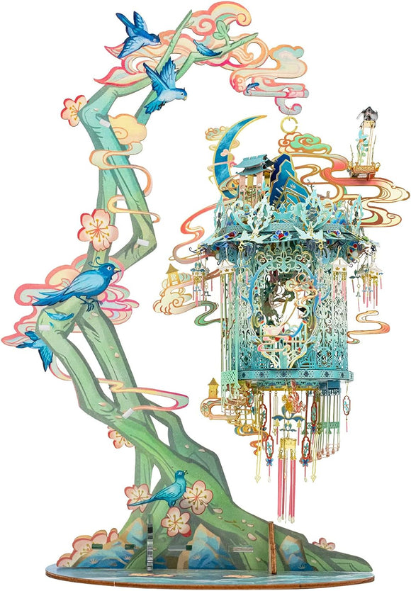 The Lucky Magpie Palace by Mu Model is an elaborate DIY kit resembling a delicate palace structure. It features intricately designed elements like birds, swirling clouds, and flowing vines, all in vibrant colors, creating a whimsical environment perfect for display. The kit showcases a combination of art and construction, inviting creativity and engagement in building a uniquely stunning piece.