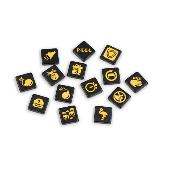 Party Bananagrams game tiles featuring various colorful icons and letters. The game components include black square tiles marked with yellow graphics and text, designed for fast-paced fun in group play. Ideal for family gatherings and parties.