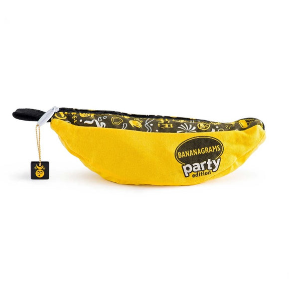 A bright yellow pouch labeled 'Bananagrams Party Edition' sits against a white background. The pouch features a playful design with various colorful icons and patterns on its black interior, showcasing the fun and social nature of the game inside. Ideal for group gatherings and party entertainment.
