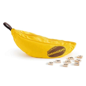 Double Bananagrams game featuring a yellow banana-shaped pouch filled with letter tiles scattered around it. Perfect for wordplay and vocabulary skills.