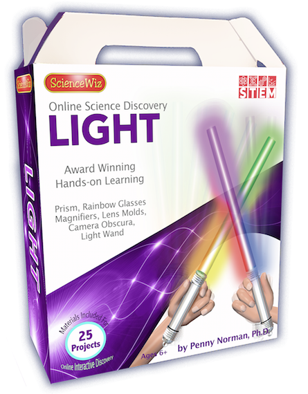 Science Wiz Online Science Discovery: Light DIY kit. The packaging features vibrant colors and images of a prism, rainbow glasses, and a light wand. It emphasizes hands-on learning with 25 projects and awards.