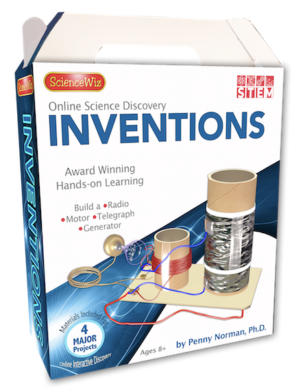 The Science Wiz Online Discovery: Inventions DIY kit features an interactive educational box showcasing hands-on projects. The packaging highlights four major projects including a radio, motor, telegraph, and generator, making it ideal for ages 8 and up. The design emphasizes STEM learning with vibrant graphics and clear product information.