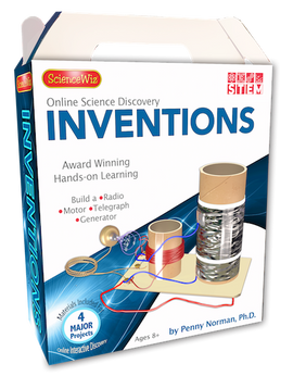 The Science Wiz Online Discovery: Inventions DIY kit features an interactive educational box showcasing hands-on projects. The packaging highlights four major projects including a radio, motor, telegraph, and generator, making it ideal for ages 8 and up. The design emphasizes STEM learning with vibrant graphics and clear product information.