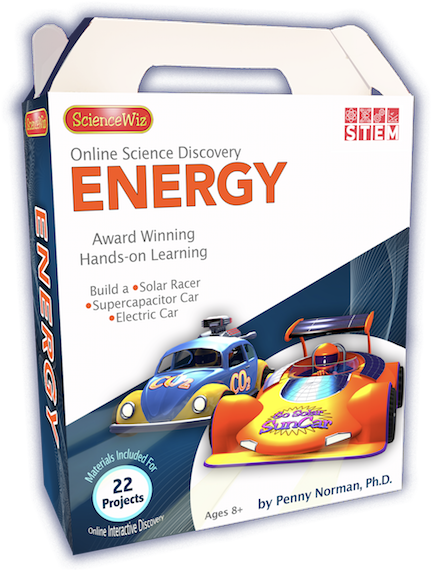 Science Wiz Online Discovery Energy DIY kit packaging featuring colorful illustrations of a solar racer and supercapacitor car. The box highlights 22 projects that involve hands-on learning and building electric cars. Suitable for ages 8 and up.