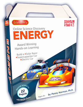 Science Wiz Online Discovery Energy DIY kit packaging featuring colorful illustrations of a solar racer and supercapacitor car. The box highlights 22 projects that involve hands-on learning and building electric cars. Suitable for ages 8 and up.