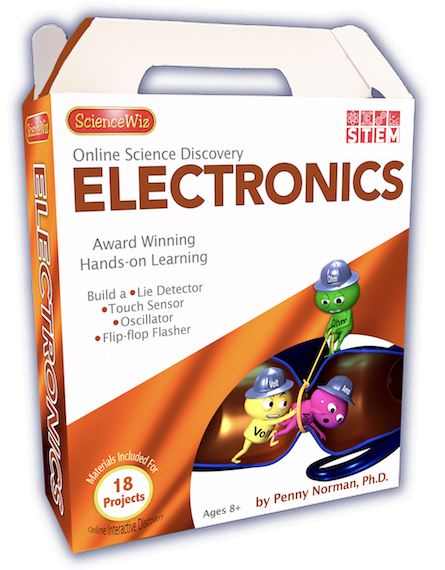The Science Wiz Online Discovery Electronics kit, featuring a colorful design with characters wearing hard hats. The box promotes award-winning hands-on learning, showcasing projects like a lie detector, touch sensor, oscillator, and flip-flop flasher. Ideal for ages 8 and up, the kit includes materials for 18 engaging projects. This educational DIY kit fosters STEM skills in young learners.
