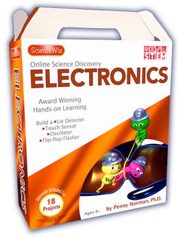 The Science Wiz Online Discovery Electronics kit, featuring a colorful design with characters wearing hard hats. The box promotes award-winning hands-on learning, showcasing projects like a lie detector, touch sensor, oscillator, and flip-flop flasher. Ideal for ages 8 and up, the kit includes materials for 18 engaging projects. This educational DIY kit fosters STEM skills in young learners.