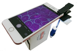 A Smartphone Clip-On Microscope by Science Wiz attached to a smartphone. The microscope magnifies objects for detailed viewing, showing a close-up image of cellular structures. The device is simple to use, making science accessible and educational for all ages.