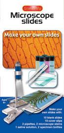 Science Wiz Microscope Slides DIY kit for creating your own microscope slides. Includes 10 blank slides, 10 cover slips, 2 microscope stains, 2 pipettes, saline solution, and specimen bottles. Suitable for ages 8 and up, promotes exploration and hands-on learning.