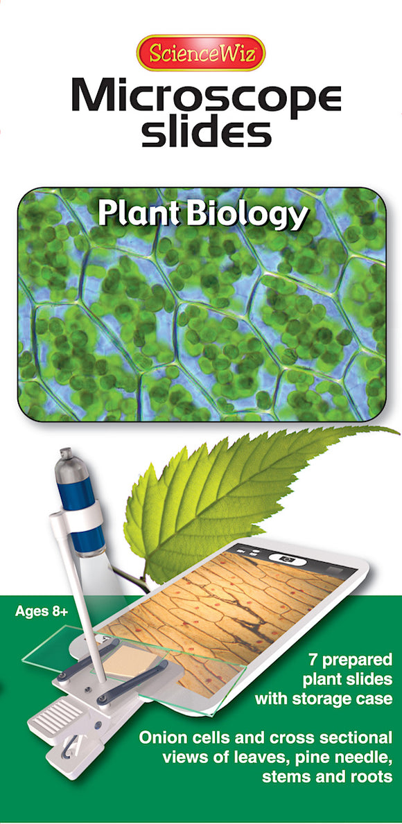 Science Wiz Microscope Slides: Plant Biology kit featuring 7 prepared slides for examining onions, leaves, pine needles, stems, and roots. Includes a storage case for easy organization. Ideal for ages 8 and up.
