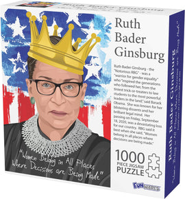 A 1000-piece jigsaw puzzle featuring an illustrated portrait of Ruth Bader Ginsburg. She is depicted wearing a crown, with her famous collar. The background includes the American flag, highlighting her legacy. The puzzle box includes a quote saying, 'Women Belong in All Places Where Decisions are Being Made.'