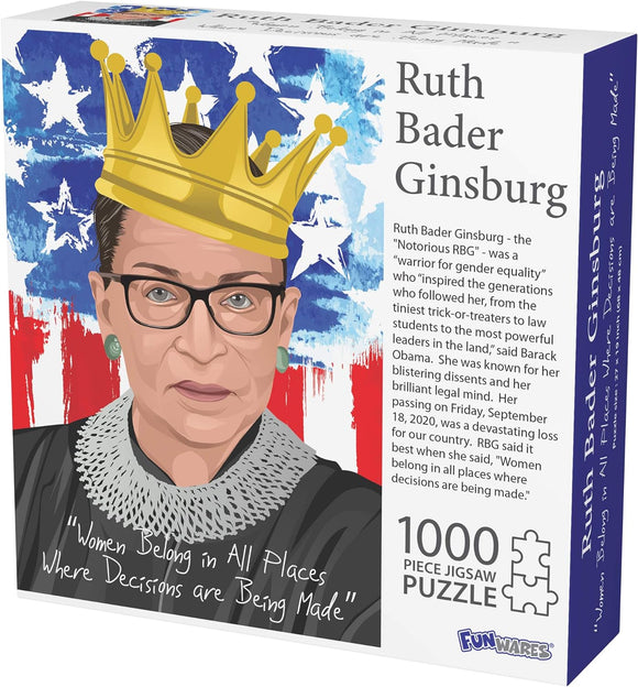 A 1000-piece jigsaw puzzle featuring an illustrated portrait of Ruth Bader Ginsburg. She is depicted wearing a crown, with her famous collar. The background includes the American flag, highlighting her legacy. The puzzle box includes a quote saying, 'Women Belong in All Places Where Decisions are Being Made.'