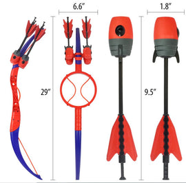 A vibrant Ring Strike game in red and blue colors, featuring a 29-inch long launcher with a curved design, ready for fun gameplay. The set includes several red arrows and a circular target component, ideal for outdoor family entertainment.