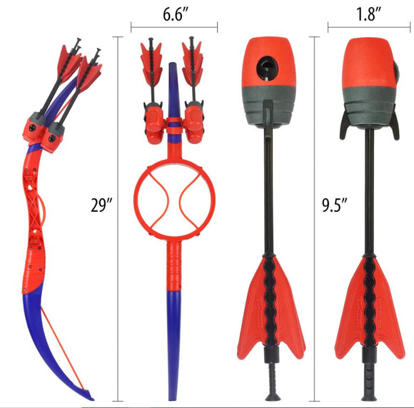 A vibrant Ring Strike game in red and blue colors, featuring a 29-inch long launcher with a curved design, ready for fun gameplay. The set includes several red arrows and a circular target component, ideal for outdoor family entertainment.