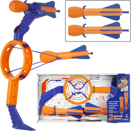 The Mighty Strike game by Funwares features a power-grip bow with a bullseye sight and comes with two soft-tip arrows and spare bungee bands. Ideal for indoor and outdoor play, this colorful set promotes active fun and target practice for children aged 8 and above.