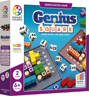 Genius Square game by Smart Toys & Games featuring a grid with colorful blocks and dice scattered around. The packaging showcases the title prominently, promoting a fun race to fill the grid first. Ideal for enhancing cognitive skills such as problem solving, concentration, and flexible thinking. Suitable for 2 players, ages 6 and up, and offers over 60,000 possible combinations for endless entertainment.