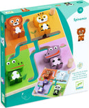 Spinamix by DJECO features colorful wooden animal figures including a tiger, lion, frog, hippo, cow, and panda arranged on a maze board, designed for children aged 3 and up. The vibrant colors and playful design encourage interactive learning and fine motor skills development.