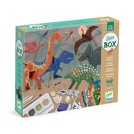 The World of Dinosaurs DIY kit by DJECO. The colorful packaging features various dinosaur illustrations including a T-Rex, pterodactyl, and stegosaurus, along with art supplies for creative activities. Designed for children aged 6 to 10, this engaging kit promotes hands-on learning and imaginative play.