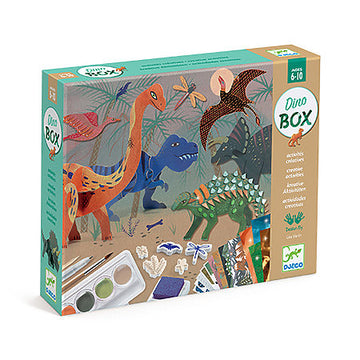 The World of Dinosaurs DIY kit by DJECO. The colorful packaging features various dinosaur illustrations including a T-Rex, pterodactyl, and stegosaurus, along with art supplies for creative activities. Designed for children aged 6 to 10, this engaging kit promotes hands-on learning and imaginative play.