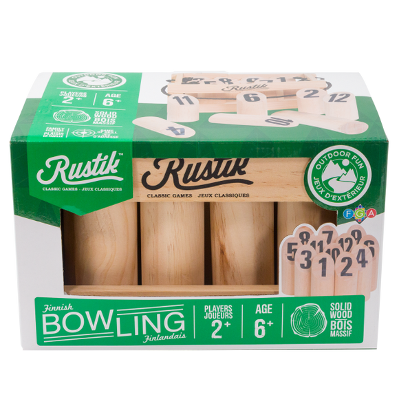 Rustik Finnish Bowling game package. The box contains traditional wooden bowling pins and balls for outdoor play. Suitable for 2 or more players aged 6 and up. Features solid wood construction.