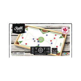 The Rustik Ping Pool game features a wooden frame with a vibrant white playing surface. Players can see colorful balls in blue, red, and green arranged in a triangle formation. The design showcases playful graphics and includes instructions for family-friendly gameplay. Ideal for gatherings, the game promotes interactive play and strategy. Suitable for ages 6 and up, it encourages fun for 2 players or more.