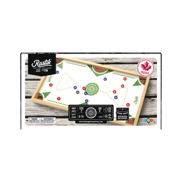 The Rustik Ping Pool game features a wooden frame with a vibrant white playing surface. Players can see colorful balls in blue, red, and green arranged in a triangle formation. The design showcases playful graphics and includes instructions for family-friendly gameplay. Ideal for gatherings, the game promotes interactive play and strategy. Suitable for ages 6 and up, it encourages fun for 2 players or more.