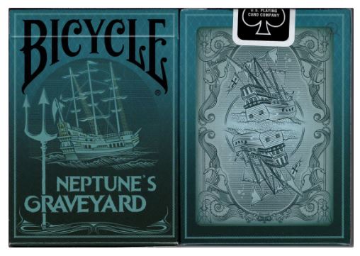 Neptune's Graveyard Ship Card D features an artistic depiction of a ghostly ship on the front and back of a custom playing card. The card design includes a trident symbol and intricate details that evoke a maritime theme. It's produced by US Playing Card Co. and is part of the Bicycle brand's unique collection.