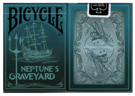 Neptune's Graveyard Ship Card D features an artistic depiction of a ghostly ship on the front and back of a custom playing card. The card design includes a trident symbol and intricate details that evoke a maritime theme. It's produced by US Playing Card Co. and is part of the Bicycle brand's unique collection.