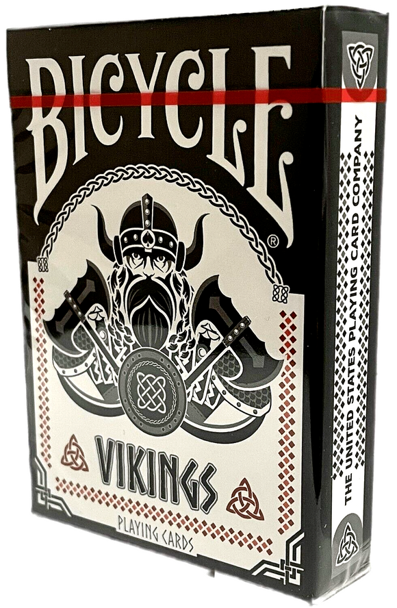 A box of Vikings-themed playing cards by Bicycle, featuring a striking design of a Viking warrior, swords, and intricate patterns. The box is predominantly black and white with red accents, showcasing the word 'VIKINGS' prominently on the front.