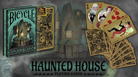 A deck of Bicycle Haunted House playing cards featuring a spooky Victorian house illustration on the cover. The cards showcase unique horror-themed artwork, including characters like a ghostly woman and a jester, in a beautifully designed pack suitable for collectors and game enthusiasts.