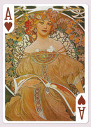 Mucha Princess Hyacinth Silver card featuring an elegant woman adorned with flowers and intricate designs. She wears a flowing gown and sits gracefully, holding a ribbon. The card displays the Ace of Hearts.