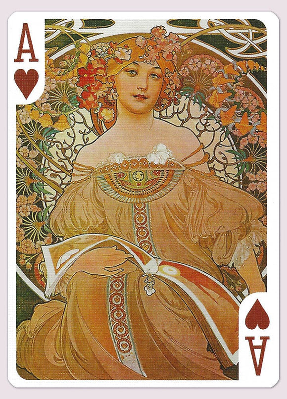 Mucha Princess Hyacinth Silver card featuring an elegant woman adorned with flowers and intricate designs. She wears a flowing gown and sits gracefully, holding a ribbon. The card displays the Ace of Hearts.