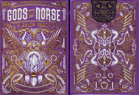 The Gods of Norse playing cards featuring intricate purple and gold designs, showcasing Norse mythology elements such as a Viking figure with horns and stylized patterns on both the front and back of the card box.