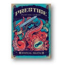A vibrant packaging design for Mystical Pirates Playing Cards by Prestige Playing Cards. The artwork features a fierce pirate wielding a sword with colorful marine elements in the background, embodying adventure and fantasy.