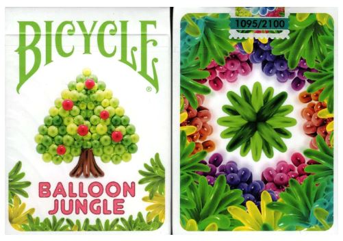 Bicycle Balloon Jungle playing cards featuring vibrant artwork of colorful balloon designs shaped like a tree on the front and a captivating kaleidoscopic pattern on the back. The cards are numbered 1095 out of 2100, highlighting their specialty edition status. Ideal for family game nights and collectors.