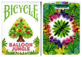 Bicycle Balloon Jungle playing cards featuring vibrant artwork of colorful balloon designs shaped like a tree on the front and a captivating kaleidoscopic pattern on the back. The cards are numbered 1095 out of 2100, highlighting their specialty edition status. Ideal for family game nights and collectors.