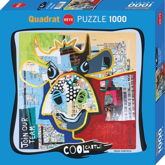 Cool Cattle Dotted Cow jigsaw puzzle by Heye featuring a colorful, artistic representation of a cow's face with bold patterns and vibrant colors. The box includes 1000 pieces, perfect for puzzle enthusiasts and art lovers alike.