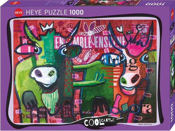 Cool Cattle Striped Cows jigsaw puzzle by Heye featuring vibrant, abstract artwork of cows in bold colors, perfect for puzzle enthusiasts and art lovers. The puzzle contains 1000 pieces and showcases a playful, contemporary design.