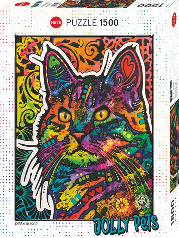 Jolly Pets Necessity Cat jigsaw puzzle by Heye, featuring a vibrant and colorful illustration of a cat with striking yellow eyes and intricate patterns in a rainbow palette. The puzzle consists of 1500 pieces, perfect for cat lovers and puzzle enthusiasts alike.
